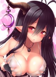 Rule 34 | 10s, 1girl, ahoge, antenna hair, ayuteisyoku, bare shoulders, black gloves, black hair, blush, breasts, cleavage, crescent, danua, draph, dress, fingerless gloves, gloves, granblue fantasy, hair between eyes, hands on breasts, horn ornament, horns, jewelry, large breasts, long hair, looking at viewer, necklace, open mouth, pointy ears, red eyes, sleeveless, solo, white dress
