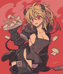 Rule 34 | 1girl, :d, absurdres, apron, black apron, black footwear, black horns, blonde hair, boots, breasts, chaps, cowboy shot, demon horns, demon tail, dorohedoro, dumpling, food, hair between eyes, hand up, highres, horns, jiaozi, large breasts, long hair, looking at viewer, meremero, nikaidou (dorohedoro), open mouth, oven mitts, red background, red eyes, smile, solo, spatula, standing, standing on one leg, tail