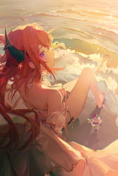Rule 34 | 1girl, absurdres, arknights, bare legs, bare shoulders, barefoot, beach, bikini, black bikini, breasts, cleavage, cup, detached sleeves, evening, food, from behind, full body, highres, horn ornament, horns, ice cream, large breasts, long hair, long sleeves, looking at viewer, looking back, official alternate costume, on ground, purple eyes, red hair, side-tie bikini bottom, sitting, solo, star (symbol), stuuj, sunlight, sunset, surtr (arknights), surtr (colorful wonderland) (arknights), swimsuit, swimsuit cover-up, very long hair, water