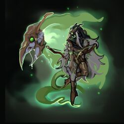 1girl bow_(weapon) full_body glowing glowing_eyes green_background green_eyes grey_hair highres holding holding_bow_(weapon) holding_weapon kid_sppinarl kindred_(league_of_legends) lamb_(league_of_legends) league_of_legends long_hair mask plague_doctor_mask weapon wolf_(league_of_legends)