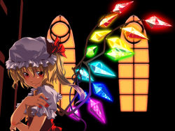 Rule 34 | 1girl, bad id, bad pixiv id, blonde hair, embodiment of scarlet devil, female focus, flandre scarlet, hat, nail polish, onemu, ponytail, rainbow order, red eyes, red nails, short hair, side ponytail, solo, touhou, wings