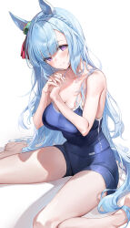 Rule 34 | 1girl, animal ears, barefoot, blue hair, blue one-piece swimsuit, blush, bow, braid, breasts, cleavage, closed mouth, collarbone, commentary, ear ribbon, emyo, feet, fingernails, highres, horse ears, horse girl, horse tail, large breasts, legs, long hair, mejiro ardan (umamusume), one-piece swimsuit, own hands together, purple eyes, red ribbon, ribbon, simple background, sitting, smile, solo, swimsuit, tail, thighs, toes, tracen swimsuit, umamusume, very long hair, wariza, white background