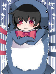 Rule 34 | 1girl, animal costume, asymmetrical wings, black hair, bow, commentary request, crossed arms, hammer (sunset beach), houjuu nue, pink eyes, shark costume, short hair, smirk, solo, touhou, whale shark, wings