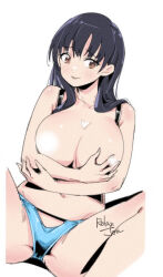 Rule 34 | 1girl, black hair, blue panties, boku no kokoro no yabai yatsu, bra, bra pull, breast suppress, breasts, brown eyes, censored, clothes pull, collarbone, hands on own chest, highres, large breasts, long hair, mole, mole on neck, multiple moles, navel, panties, relaxjon, signature, simple background, sitting, solo, spread legs, underwear, white background, yamada anna