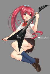 Rule 34 | 10s, 1girl, electric guitar, free!, guitar, highres, instrument, jackson guitars, long hair, looking at viewer, mary janes, matsuoka gou, open mouth, piano-alice, plectrum, ponytail, red eyes, red hair, school uniform, shiny skin, shoes, smile, solo