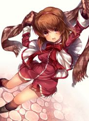 Rule 34 | 1girl, black socks, boots, bow, brown hair, brown scarf, capelet, chi no, hairband, kanon, kneehighs, looking at viewer, plaid, plaid scarf, red bow, red eyes, red hairband, scarf, school uniform, short hair, socks, solo, standing, tsukimiya ayu