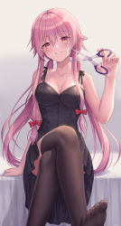 Rule 34 | 1girl, black dress, black thighhighs, breasts, cleavage, clenched teeth, collarbone, commentary request, crossed legs, dress, gasai yuno, gradient background, grey background, highres, holding, holding scissors, long hair, looking at viewer, low twintails, medium breasts, mirai nikki, pink hair, red eyes, scissors, seungju lee, sleeveless, sleeveless dress, smile, soles, solo, teeth, thighhighs, toes, twintails, yandere