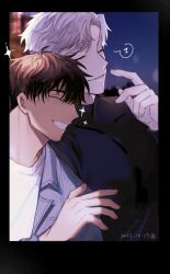 Rule 34 | 2boys, atan 003, belt, black gloves, black shirt, brown hair, closed eyes, couple, finger to cheek, from side, gloves, happy, highres, ilay riegrow, jeong taeui, laughing, looking at another, male focus, multiple boys, pants, passion (manhwa), pectorals, profile, shirt, short hair, short sleeves, smile, sparkling aura, upper body, white hair