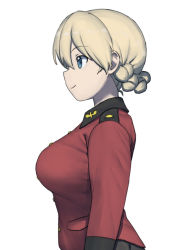 Rule 34 | 1girl, blonde hair, blue eyes, braid, breasts, buttons, closed mouth, darjeeling (girls und panzer), from side, girls und panzer, highres, jacket, large breasts, long sleeves, onsen tamago (hs egg), red jacket, short hair, simple background, smile, solo, st. gloriana&#039;s military uniform, upper body, white background