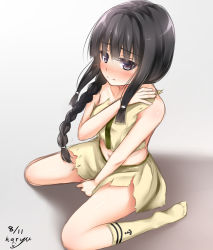 Rule 34 | 10s, 1girl, artist name, black hair, blush, braid, covering privates, covering chest, dated, hand on own shoulder, haryuu (poetto), kantai collection, kitakami (kancolle), long hair, purple eyes, school uniform, serafuku, sidelocks, signature, single braid, sitting, solo, torn clothes, wariza