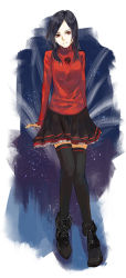 Rule 34 | 1girl, areazero, black footwear, black hair, black skirt, black thighhighs, closed mouth, fresh precure!, full body, higashi setsuna, invisible chair, layered skirt, long hair, long sleeves, looking at viewer, miniskirt, parted bangs, pleated skirt, precure, red eyes, red sweater, sitting, skirt, solo, sweater, thighhighs, white background, zettai ryouiki