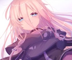 Rule 34 | 1girl, bad id, bad pixiv id, black shirt, blue eyes, braid, cevio, commentary, elbow cutout, from below, hair between eyes, highres, ia (vocaloid), long hair, looking at viewer, pendant choker, pink hair, shirt, side braids, smile, solo, tsukizuumi, twitter username, upper body, very long hair, vocaloid, white background