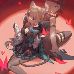 Rule 34 | 1boy, 1girl, animal ears, aqua bow, bare shoulders, black headwear, black pantyhose, black thighhighs, bow, braid, breasts, brother and sister, bug, butterfly, cat ears, cat girl, cat tail, chinese commentary, cleavage, closed mouth, commentary request, detached sleeves, facial mark, genshin impact, hat, huge bow, index finger raised, insect, light brown hair, long hair, long sleeves, looking at viewer, lynette (genshin impact), lyney (genshin impact), medium breasts, multicolored hair, newflame, pantyhose, parted lips, purple eyes, shirt, short hair, siblings, smile, star (symbol), star facial mark, streaked hair, tail, teardrop facial mark, thighhighs, top hat, twins, two-tone gloves, white shirt, zettai ryouiki