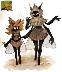 Rule 34 | 2girls, ^ ^, absurdres, antennae, arthropod girl, black skin, brown skirt, capelet, closed eyes, closed mouth, colored skin, extra arms, closed eyes, fewer digits, flower, hat, height difference, highres, holding, holding flower, hood, hood up, hooded capelet, insect girl, matilda fiship, miniskirt, moth antennae, moth antennae, moth girl, multiple girls, original, skirt, smile, yellow eyes