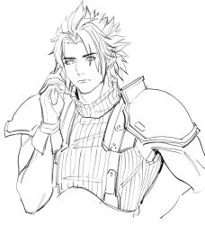 Rule 34 | 1boy, armor, belt, cellphone, crisis core final fantasy vii, earrings, final fantasy, final fantasy vii, flip phone, gloves, hair slicked back, highres, holding, holding phone, jewelry, lineart, male focus, muscular, muscular male, oimo (oimkimn), parted bangs, phone, short hair, shoulder armor, single earring, sleeveless, sleeveless turtleneck, square enix, suspenders, turtleneck, white background, zack fair