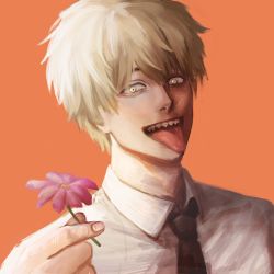Rule 34 | 1boy, blonde hair, chainsaw man, collared shirt, denji (chainsaw man), fang, fangs, fingernails, flower, hair between eyes, highres, holding, holding flower, looking at viewer, necktie, niikorrin, open mouth, orange background, pink flower, sharp teeth, shirt, short hair, smile, solo, teeth, tongue, tongue out, white shirt, yellow eyes