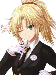 Rule 34 | 1girl, artist name, black jacket, black necktie, blonde hair, blush, braid, breasts, commentary request, fate/grand order, fate (series), flower, formal, gloves, green eyes, hair ornament, hair scrunchie, haura akitoshi, jacket, long hair, looking at viewer, mordred (fate), mordred (fate/apocrypha), mordred (formal dress) (fate), necktie, one eye closed, ponytail, red scrunchie, scrunchie, shirt, simple background, small breasts, smile, solo, white background, white flower, white gloves, white shirt