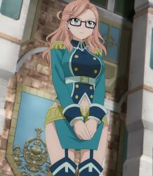 1girl breasts fairy_tail glasses green_eyes highres karameel large_breasts long_hair midriff navel solo stitched third-party_edit