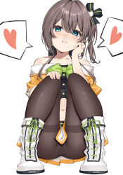 Rule 34 | 1girl, ahoge, bare shoulders, black camisole, black pantyhose, black ribbon, blue eyes, blue panties, blush, boots, bow, breasts, brown hair, camisole, cat hair ornament, commentary, crop top, cropped jacket, erubusubori, green bow, grin, hair between eyes, hair ornament, hair ribbon, halterneck, heart, highres, hololive, jacket, long hair, looking at viewer, midriff, miniskirt, natsuiro matsuri, natsuiro matsuri (1st costume), navel, off-shoulder jacket, off shoulder, orange jacket, panties, panties under pantyhose, pantyhose, parted lips, pleated skirt, ribbon, shirt bow, short sleeves, side ponytail, simple background, skirt, small breasts, smile, solo, spaghetti strap, speech bubble, spoken heart, squatting, striped clothes, striped panties, thighband pantyhose, underwear, virtual youtuber, white background, white footwear, white skirt