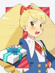 Rule 34 | 1girl, bad id, bad twitter id, big hair, blonde hair, blush, box, brown eyes, capcom, commentary request, drill hair, gift, gift box, hand on own hip, holding, holding gift, long hair, luna platz (mega man), mega man (series), mega man star force, open mouth, pekaso1118n, solo, striped, striped background, tsundere, twin drills, twintails, valentine