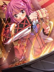 Rule 34 | 1girl, bow, breasts, brown eyes, cheria barnes, chozuru, cooking, female focus, fire, food, frown, pink hair, ribbon, short hair, short twintails, solo, tales of (series), tales of graces, twintails