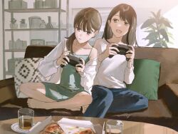 Rule 34 | 2girls, :d, aqua camisole, aqua shorts, barefoot, blue pants, brown eyes, brown hair, camisole, collarbone, commission, controller, couch, cup, drink, drinking glass, food, game controller, gamepad, holding, holding controller, holding game controller, hood, hoodie, indian style, light frown, loungewear, medium hair, multiple girls, open clothes, open hoodie, open mouth, original, pants, pillow, pizza, plant, playing games, ponytail, pumpkin-crazy, shelf, shorts, side-by-side, sitting, skeb commission, smile, sweater, table, white hoodie, white sweater