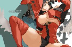 Rule 34 | 1girl, amatuki, bare shoulders, black gloves, black hair, black panties, boots, breasts, cleavage, dress, electric guitar, fingerless gloves, gloves, guilty gear, guilty gear xrd, guilty gear xx, guitar, hat, heterochromia, highres, i-no, instrument, large breasts, long sleeves, looking at viewer, mole, mole above mouth, panties, purple eyes, red dress, red footwear, red headwear, red lips, short hair, sitting, thigh boots, underwear, venus symbol, witch hat, yellow eyes