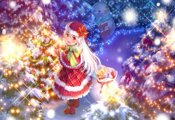 Rule 34 | 1girl, bad id, bad pixiv id, blush, boots, capelet, christmas, christmas tree, dress, gift, hat, highres, kuze kaname, long hair, original, red eyes, sack, santa hat, scarf, smile, snow, snowman, solo, white hair