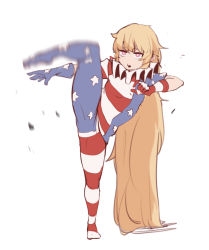 Rule 34 | 1girl, american flag dress, american flag gloves, american flag legwear, american flag print, bad id, bad pixiv id, clownpiece, full body, gloves, highres, kicking, leg up, long hair, looking at viewer, motion blur, open mouth, pantyhose, print gloves, red eyes, solo, soya6479, touhou, very long hair