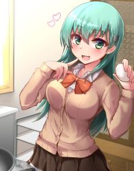 Rule 34 | 1girl, aqua eyes, aqua hair, blush, breasts, earrings, egg, frying pan, hair between eyes, hair ornament, heart, highres, jewelry, kantai collection, kihou no gotoku dmc, kitchen, large breasts, long hair, looking at viewer, open mouth, skirt, smile, solo, star-shaped pupils, star (symbol), suzuya (kancolle), symbol-shaped pupils, window