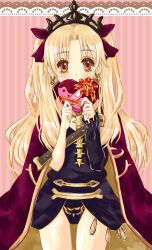 Rule 34 | 1girl, asymmetrical sleeves, black dress, blonde hair, box, brown eyes, cloak, cowboy shot, dress, earrings, ereshkigal (fate), fate/grand order, fate (series), gift, gift box, heart-shaped box, highres, holding, holding gift, jewelry, long hair, looking at viewer, red cloak, short dress, single sleeve, solo, tiara, two side up, uneven sleeves, yamuimo, yellow cloak