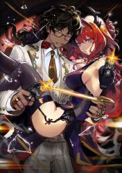 Rule 34 | 1boy, 1girl, absurdres, adamosina, arknights, black gloves, brown necktie, carrying, commentary, dark skin, dragon girl, dragon horns, english commentary, firing, formal, glasses, gloves, gun, highres, holding, holding gun, holding knife, holding weapon, horns, hug, jewelry, knife, necklace, necktie, princess carry, purple eyes, red hair, ring, smile, suit, surtr (arknights), thorns (arknights), weapon