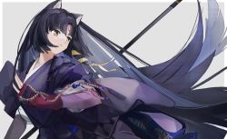 Rule 34 | 1girl, animal ears, arknights, beads, black hair, black kimono, closed mouth, commentary, dog ears, expressionless, facial mark, fingerless gloves, floating hair, forehead mark, gloves, grey background, holding, holding weapon, japanese clothes, kimono, long hair, parted bangs, polearm, prayer beads, red gloves, saga (arknights), simple background, solo, straight hair, upper body, very long hair, weapon, yellow eyes, yuan (ziranran)