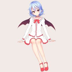 Rule 34 | 1girl, absurdres, arm garter, bat wings, blue hair, bow, bowtie, choker, frilled choker, frilled shirt collar, frilled skirt, frilled sleeves, frills, full body, hair between eyes, highres, junior27016, long sleeves, looking at viewer, mary janes, no socks, pointy ears, purple background, red bow, red bowtie, red eyes, red footwear, remilia scarlet, shirt, shoes, short hair, simple background, sitting, skirt, smile, solo, touhou, white shirt, white skirt, wings