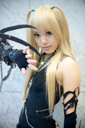 Rule 34 | 1girl, amane misa, amane misa (cosplay), asian, blonde hair, blue eyes, breasts, color contacts, cosplay, cross, cross necklace, death note, fingerless gloves, fishnet pantyhose, fishnets, gloves, highres, indoors, jewelry, kipi-san, long hair, miniskirt, mole, necklace, pantyhose, photo (medium), skirt, small breasts, solo, two side up