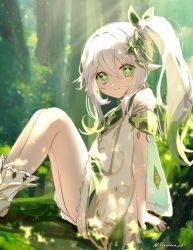 Rule 34 | 1girl, bloomers, cape, child, cross-shaped pupils, detached sleeves, dress, forest, fujito (call f ), genshin impact, gradient hair, green cape, green eyes, green hair, green sleeves, hair ornament, highres, leaf hair ornament, long hair, looking at viewer, multicolored hair, nahida (genshin impact), nature, pointy ears, side ponytail, smile, solo, symbol-shaped pupils, toeless footwear, underwear, white bloomers, white dress, white footwear, white hair