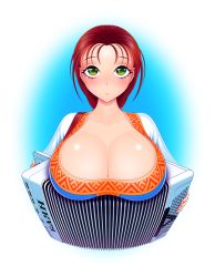 Rule 34 | 1girl, accordion, akiranime, blush, breasts, brown hair, bursting breasts, cleavage, closed mouth, dress, fingernails, green eyes, huge breasts, instrument, long hair, looking at viewer, marusya (akiranime), original, russian clothes, shiny skin, tight clothes