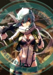 Rule 34 | 1girl, absurdres, anti-materiel rifle, aqua eyes, aqua hair, breasts, cleavage, commentary, cowboy shot, crosshair, finger gun, fingerless gloves, gloves, gun, hair ornament, hairclip, hand up, highres, holding, holding gun, holding weapon, jacket, karasuro, medium breasts, open clothes, open jacket, over shoulder, rifle, scarf, scarf over mouth, short hair, shorts, sidelocks, sinon, sniper rifle, solo, sword art online, weapon, weapon over shoulder, wind