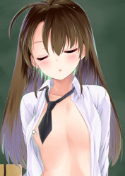 Rule 34 | 1girl, ahoge, amasora taichi, blush, breasts, brown hair, convenient censoring, cursor, dress shirt, closed eyes, flat chest, highres, long hair, loose necktie, naked shirt, necktie, no bra, open clothes, open shirt, original, shirt, simple background, small breasts, solo, upper body