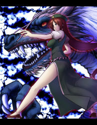 Rule 34 | 1girl, blue eyes, braid, china dress, chinese clothes, dragon, dress, eastern dragon, ex-meiling, female focus, fighting stance, hat, hiroya juuren, hong meiling, immaterial and missing power, letterboxed, long hair, solo, touhou, twin braids