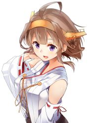 Rule 34 | 10s, 1girl, ahoge, alternate eye color, alternate hair length, alternate hairstyle, bare shoulders, black skirt, breasts, brown hair, byte (allbyte), detached sleeves, from side, hair between eyes, hair bun, hairband, highres, japanese clothes, kantai collection, kongou (kancolle), medium breasts, nontraditional miko, open mouth, purple eyes, ruffling hair, simple background, single hair bun, skirt, smile, solo, upper body, white background