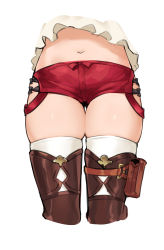 1girl absurdres atelier_(series) atelier_ryza atelier_ryza_1 boots brown_footwear cameltoe close-up head_out_of_frame highres hip_focus lower_body navel out_of_frame red_shorts reisalin_stout sawasa shiny_skin short_shorts shorts simple_background standing thigh_boots thighhighs thighhighs_under_boots thighs white_background white_thighhighs