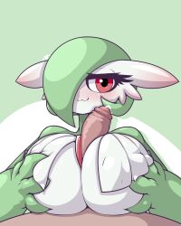 Rule 34 | 1boy, 1girl, :3, blush, breasts, cleavage, colored skin, creatures (company), cum, erection, eyelashes, furry, game freak, gardevoir, gen 3 pokemon, grabbing, grabbing another&#039;s breast, green background, green hair, green skin, hair over one eye, half-closed eyes, hetero, highres, huge breasts, interspecies, large breasts, large penis, limebreaker, looking at viewer, nintendo, nude, paizuri, penis, pokemon, pov, red eyes, short hair, smile, uncensored, white background, white skin