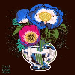 Rule 34 | black background, blue flower, dated, flower, highres, leaf, no humans, original, partially immersed, plant, procreate (medium), purple flower, signature, tomidoron, vase, water