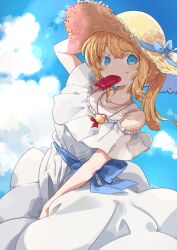 Rule 34 | 1girl, blonde hair, blue eyes, blue sky, character request, cloud, cloudy sky, commentary request, day, dress, food, food in mouth, hand on headwear, hat, highres, indie virtual youtuber, jewelry, lens flare, long hair, necklace, outdoors, ponytail, popsicle, popsicle in mouth, sky, solo, straw hat, totomono, virtual youtuber, white dress