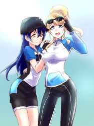 Rule 34 | 10s, 2girls, ayase eli, bike shorts, black gloves, blonde hair, blue eyes, blue hair, blush, breasts, commentary request, eyewear on head, fingerless gloves, glasses, gloves, hair between eyes, hand on another&#039;s hip, hands on another&#039;s shoulders, hat, long hair, looking at viewer, love live!, love live! school idol festival, love live! school idol project, multiple girls, open mouth, ponytail, shorts, shorts under skirt, simple background, smile, sonoda umi, standing, sunglasses, urutsu sahari, yellow eyes