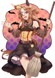 Rule 34 | 1girl, absurdres, ahoge, alternate costume, animal ears, bare shoulders, bat (animal), belt, black dress, blush, breasts, broom, brown hair, copano rickey (umamusume), corset, detached sleeves, double bun, dress, fang, feet out of frame, hair between eyes, hair bun, halloween costume, highres, holding, holding broom, horse ears, horse girl, horse tail, kento (kentdrawing), looking at viewer, multicolored hair, open mouth, petticoat, pink eyes, sleeveless, sleeveless dress, small breasts, smile, solo, tail, two-tone hair, umamusume