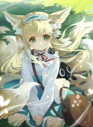 Rule 34 | 1girl, absurdres, animal ears, arknights, bag, bilibilida, black cat, blonde hair, blue hairband, blue skirt, brown bag, cat, day, floating hair, fox ears, fox girl, fox tail, frilled hairband, frills, grass, green eyes, hair down, hairband, high-waist skirt, highres, kitsune, long hair, long sleeves, looking at viewer, luo xiaohei, multicolored hair, multiple tails, neck ribbon, official alternate costume, outdoors, red ribbon, ribbon, satchel, seiza, shirt, shirt tucked in, shoulder bag, sitting, skirt, smile, solo, streaked hair, sunlight, suzuran (arknights), suzuran (spring praise) (arknights), tail, luo xiaohei zhanji, white hair, white shirt