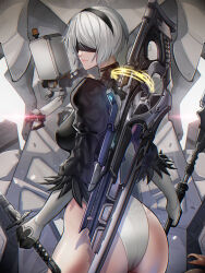 Rule 34 | 1girl, 2b (nier:automata), absurdres, ass, assault rifle, bayonet, black blindfold, blindfold, breasts, gloves, goddess of victory: nikke, gun, hairband, highres, holding, holding sword, holding weapon, juliet sleeves, leotard, long sleeves, looking back, medium breasts, mole, mole under mouth, nier:automata, nier (series), pod (nier:automata), puffy sleeves, rifle, short hair, sword, weapon, white hair, xuuikie ashe