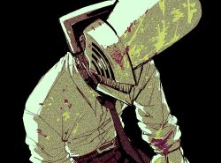 Rule 34 | 1girl, black background, black necktie, blood, blood on clothes, bloody weapon, chainsaw, chainsaw man, collared shirt, dark background, denji (chainsaw man), h3b838, hunched over, necktie, sharp teeth, shirt, sleeves rolled up, solo, stylized blood, teeth, weapon, white shirt